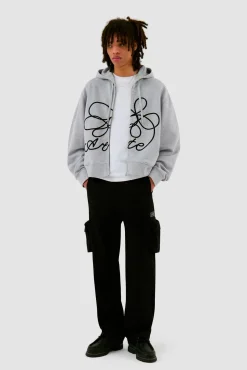 Arte Antwerp Sweat à capuche zippé avec logo fleuri - Gris New
